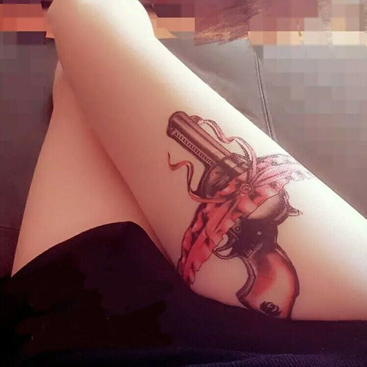 Sexy Gun with Pink Lace Stars Rose Garter Ribbon Temporary Tattoos Sticker Women