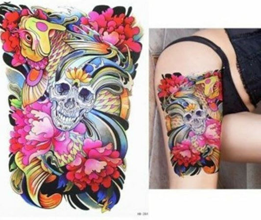 Skull Flowers & Koi Fish Temporary Tattoo Sticker Women Men Fake Tattoos