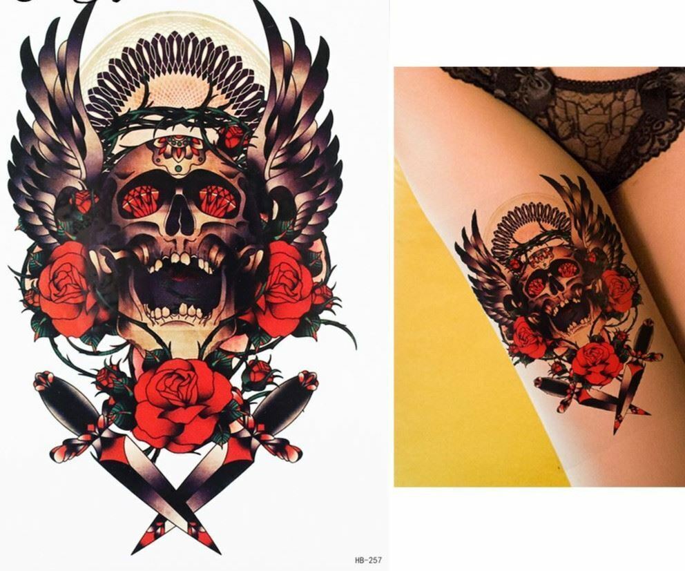 Skull, Wings, Roses and Knives Temporary Tattoos Sticker Women Men Waterproof