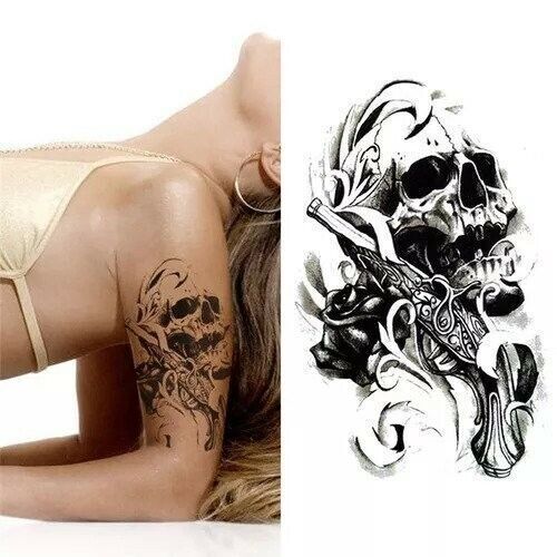 Pirate Skull Roses Pistol Gun Temporary Tattoos Womens Mens Tattoo Fancy Dress