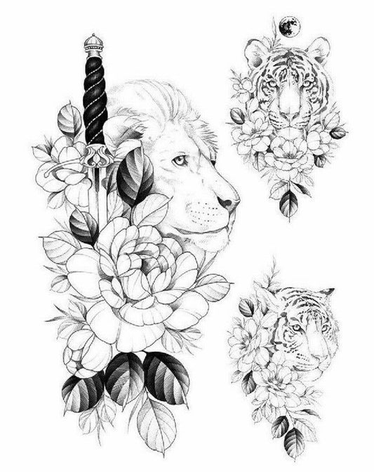 Lion Tiger Knife Flowers Waterproof Temporary Tattoos Sleeve Women Mens