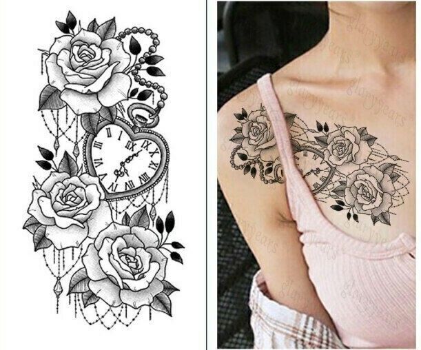 Love Heart, Time, Watch, Roses  Temporary Tattoo Fake Sticker Womens Arm Leg UK