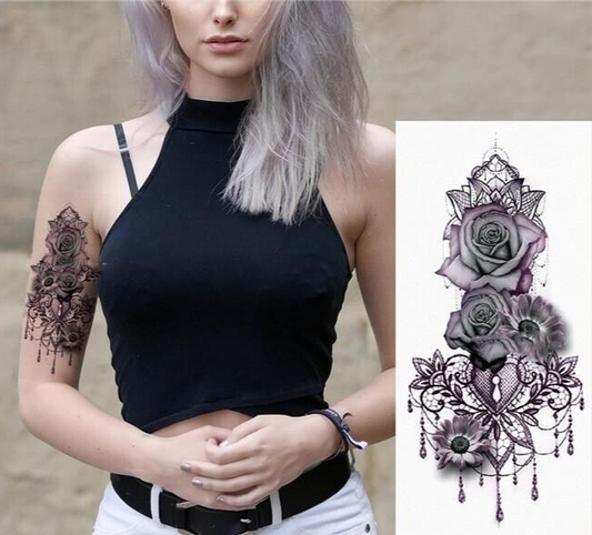 Purple Roses Temporary Tattoo Waterproof Fake Womens Tattoos Arm Leg Lace Body