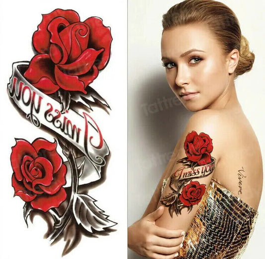 I Miss You Red Roses Temporary Tattoo Fake Press on Sticker Art Love Women Mens