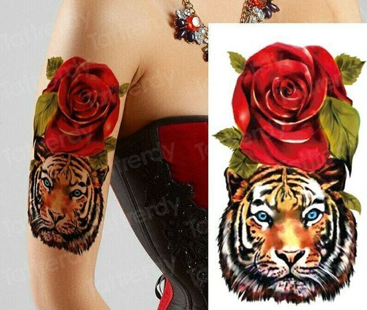 Tiger Roses Flowers Temporary Tattoo Fake Sticker Womens tattoos Sleeve back arm