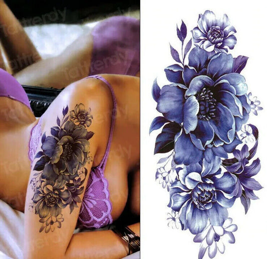 Sexy Blue Flower Womens Temporary Tattoo Fake Press on Sticker Women Half Sleeve