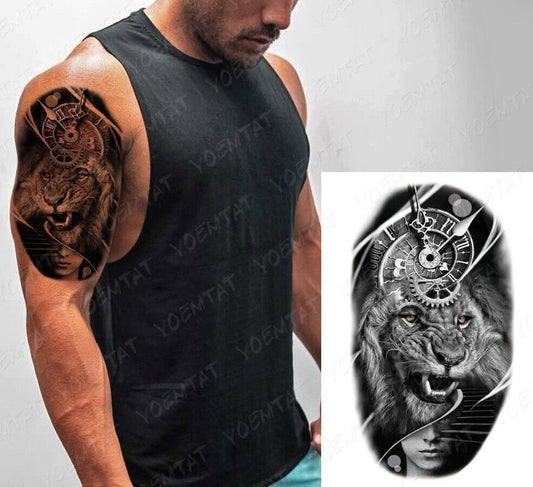 Lion Time Clock Waterproof Temporary Transfer Tattoo Tattoos Womens Mens Sleeve