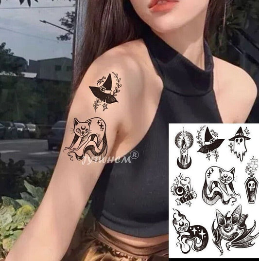 Halloween Tattoos Cat Ghost Bat Waterproof Temporary Tattoo Womens Mens Kids