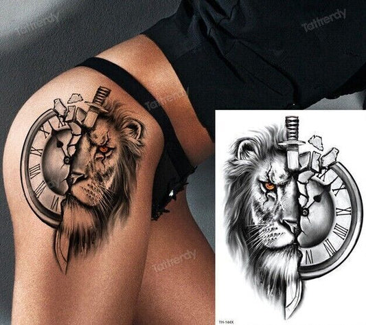 Lion Dagger Clock Waterproof Temporary Transfer Tattoo Womens Mens Sleeve Knife