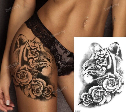 Tiger Roses Waterproof Temporary Transfer Tattoo Sleeve Time Rose Body Women