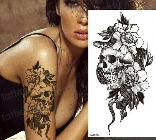 Death Skull Snake Temporary Tattoo Fake Press on Sticker Womens Mens tattoos