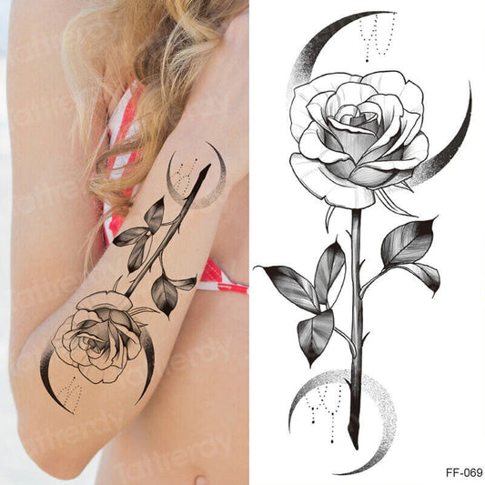 Rose Moon Crest Waterproof Temporary Tattoo Womens Mens Arm Thigh Leg Chest