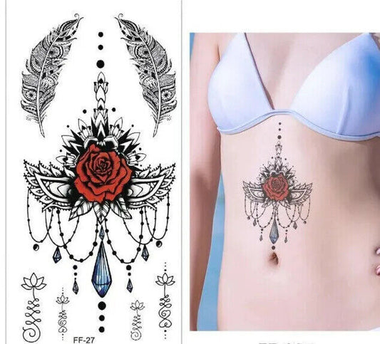 Feathers Rose Mandala Chest Temporary Tattoo Womens sternum Underboob tattoos