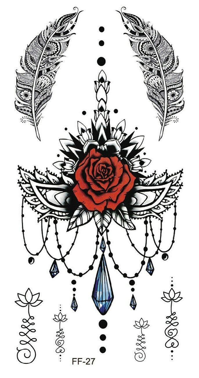 Feathers Rose Mandala Chest Temporary Tattoo Womens sternum Underboob tattoos