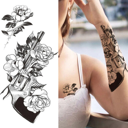 Gun Roses Flower Temporary Tattoo Womens tattoos Thigh Leg Chest Sticker Arm