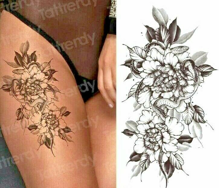 Snake in Flowers waterproof Temporary Tattoo Fake Womens tattoos Arm Leg Thigh