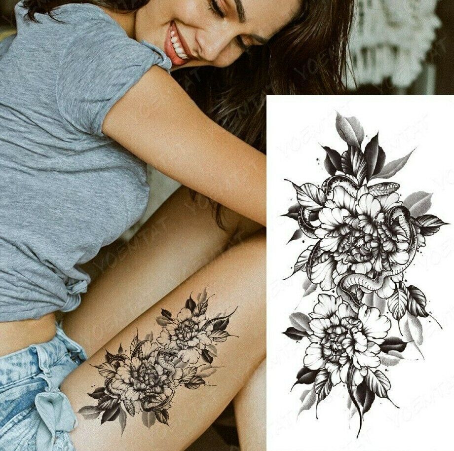 Snake in Flowers waterproof Temporary Tattoo Fake Womens tattoos Arm Leg Thigh