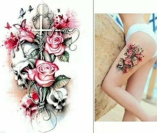 Pink Roses Skulls Temporary Tattoo Womens Tattoos Sleeve Arm Fake Sticker Sexy