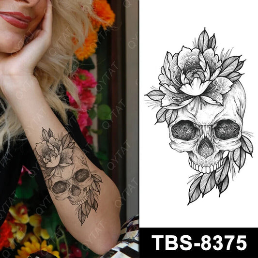 Skull Head & Flower Pattern Temporary Tattoo Fake Sticker Womens Mens Arm Leg UK