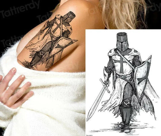 Templar Knight Crusader Temporary Waterproof Tattoo Sleeve Women Fake Sticker