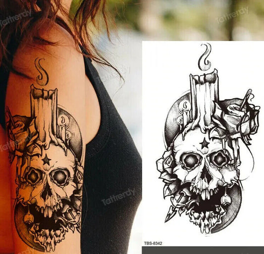 Skull Candle Gothic Temporary Tattoo Fake Sticker Womens Mens Arm Leg tattoos