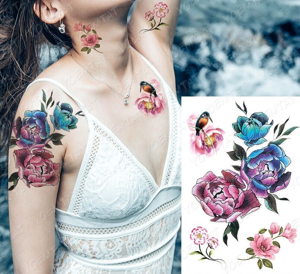 Flowers Bird Womens Temporary Tattoos Fake Sticker Tattoo Chest Arm Waterproof