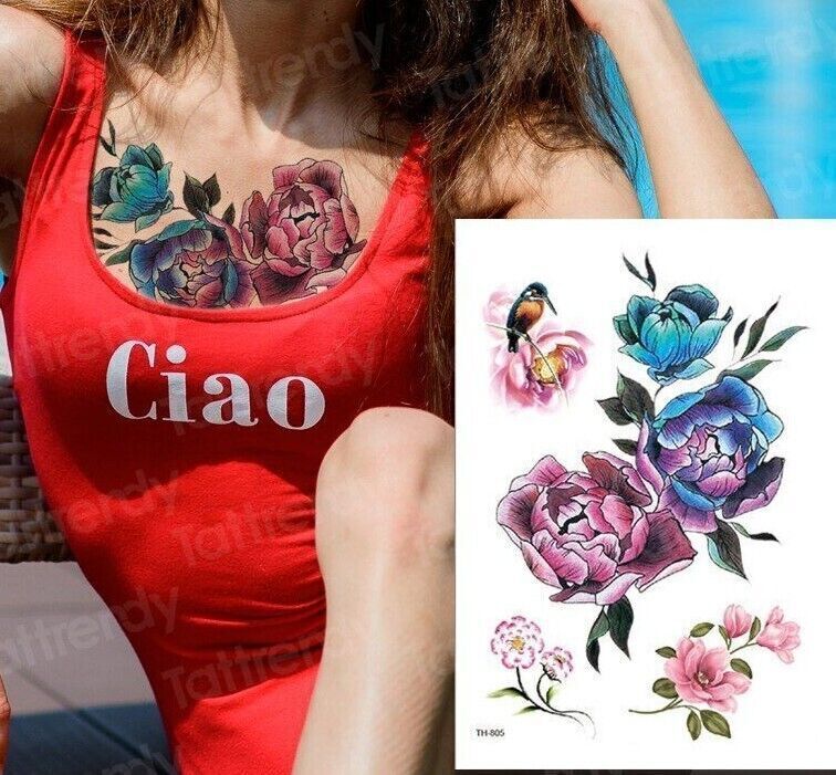 Flowers Bird Womens Temporary Tattoos Fake Sticker Tattoo Chest Arm Waterproof