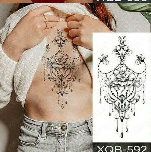 Jewels Flowers Temporary Tattoo Fake Sticker Womens Sternum Arm Leg Thigh Chest