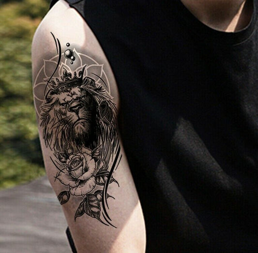 Mens Lion tattoo Rose Temporary Tattoo Fake Sticker Womens Mens Tattoos Arm Leg