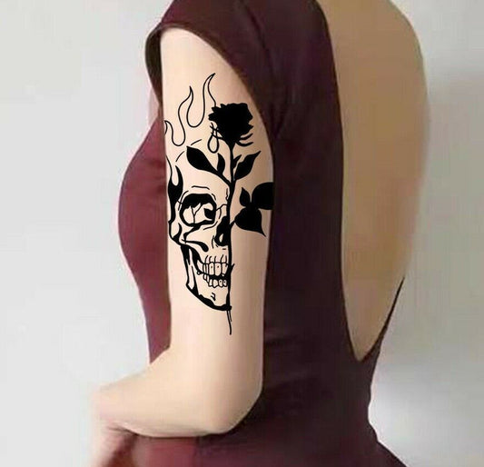 Skull Black Rose Flame Temporary Tattoo Fake Press Sticker Womens Mens Arm Leg