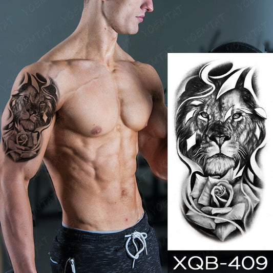 Lion Head & Rose Temporary Tattoo Fake Press on Sticker Womens Mens Arm Leg