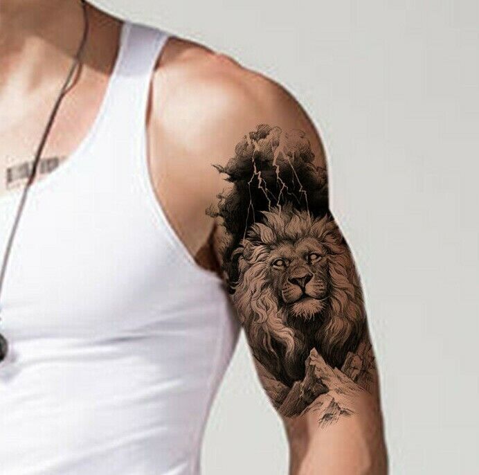 Spiritual Lightning Lion Mens Temporary Tattoo Arm Fake Press Sticker Womens Leg