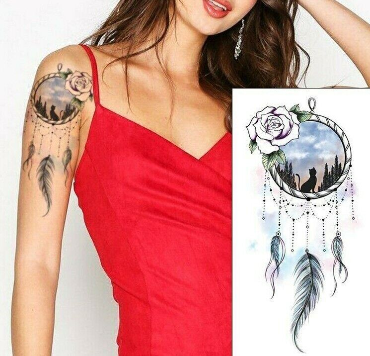 Dream Catcher Tattoo Cat Rose Fake Temporary Tattoos Sticker Womens Feather