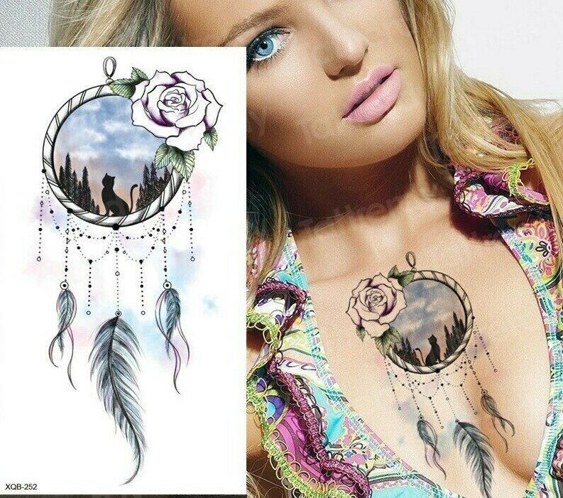 Dream Catcher Tattoo Cat Rose Fake Temporary Tattoos Sticker Womens Feather