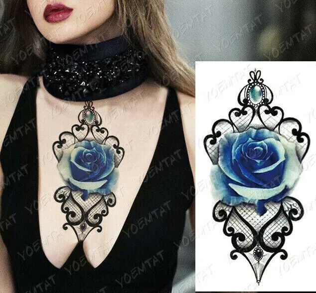 Gothic Blue Rose Temporary Tattoo Fake Press Sticker Women Womens tattoos