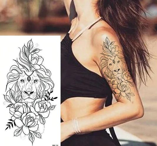 Lion tattoos Flowers Roses Tattoo Fake Press Sticker Women Lioness Sleeve Arm