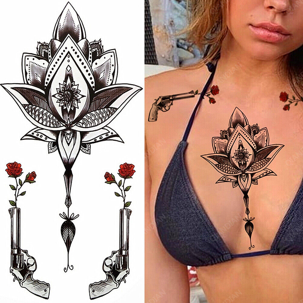 Chest Tattoo guns roses Flowers Lotus Tattoos Fake Press on Sticker Womens