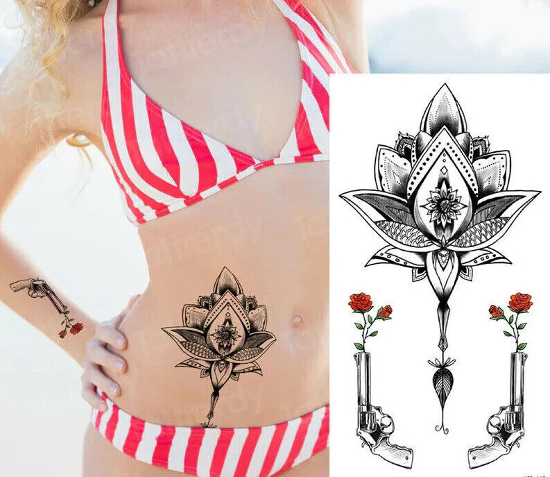 Chest Tattoo guns roses Flowers Lotus Tattoos Fake Press on Sticker Womens