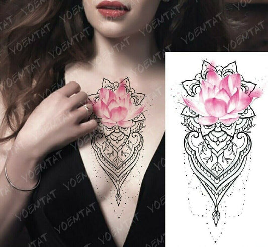 Pink Flowers Temporary Tattoo Lace Mandala  Fake Press Sticker Women Mens