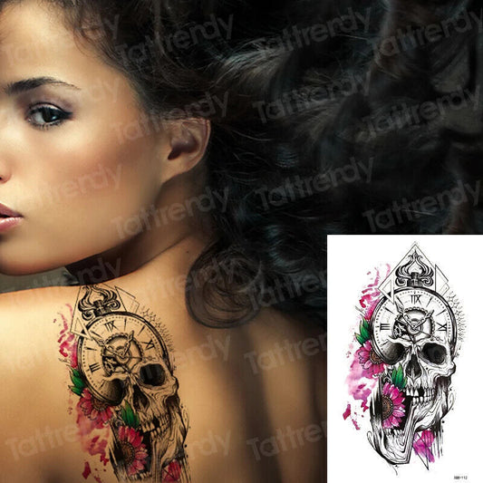 Pink Skull Flowers Womens Temporary Tattoo Fake Press Sticker Waterproof tattoos