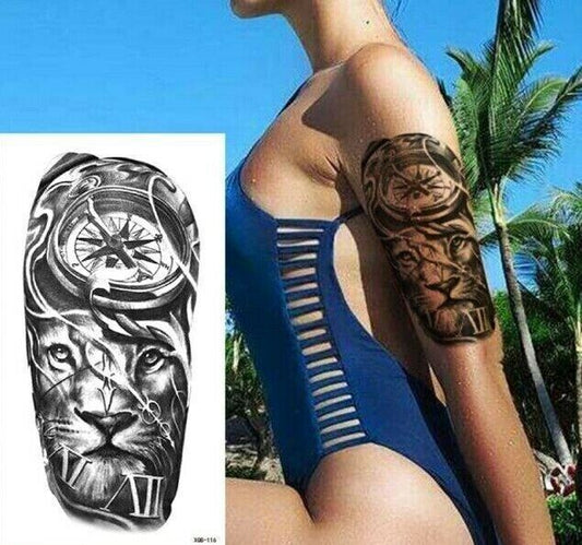 Lion & Compass, Time Temporary Tattoo Fake Press Sticker Women Mens