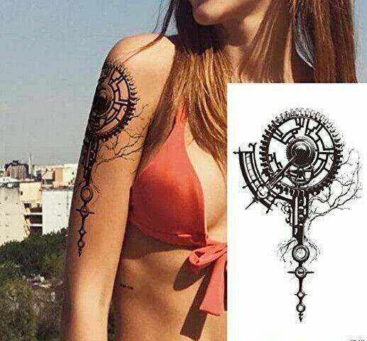 Time Clock Steam Punk Temporary Tattoo Fake Press on Sticker Women Mens Girls