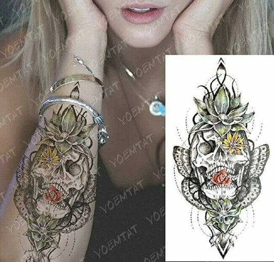 Skull Butterflies Flowers Temporary Tattoo Love Fake Sticker Womens tattoos