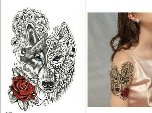 Maori Wolf Red Rose Tattoo Sticker Womens Mens Fake Arm Half Sleeve Leg tattoos