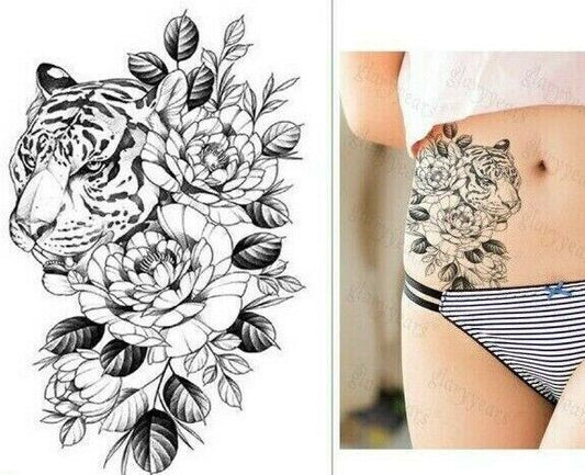 Tiger Flowers womens Temporary Tattoo Sticker Fake Arm Leg waterproof tattoos