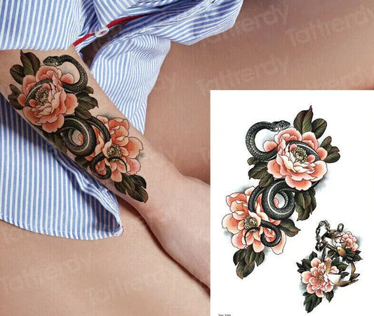 Snake Flowers Temporary Tattoo Love Trap Sticker Womens Fake Arm Sleeve Leg