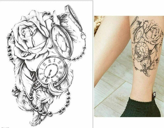 Pocket Watch, Feathers & Rose Temporary Tattoos Sticker Womens Fake Arm Leg Mens