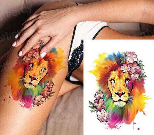 Colourful Lion & Flowers Temporary Tattoo Sticker Womens Fake Arm Half Leg