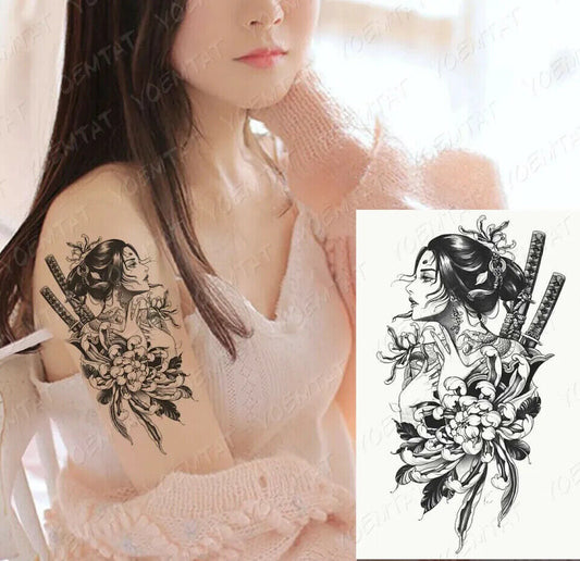 Japanese Girl Flowers  Katana Temporary Tattoo Fake Sticker Women Mens Arm Leg