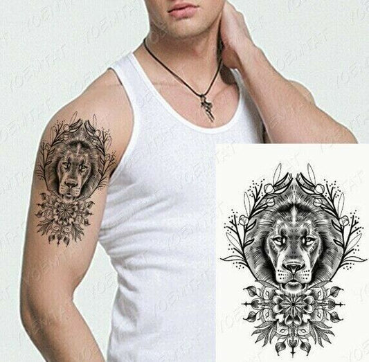 Lion Lioness Flowers Tattoo Fake Sticker Women Mens Arm Leg Waterproof Tattoos